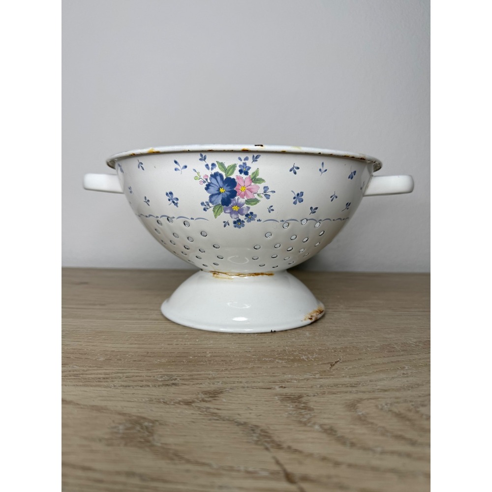 Vintage Floral Enamel Colander White Footed‎ Strainer Farmhouse Cottage 9.5 Inch
